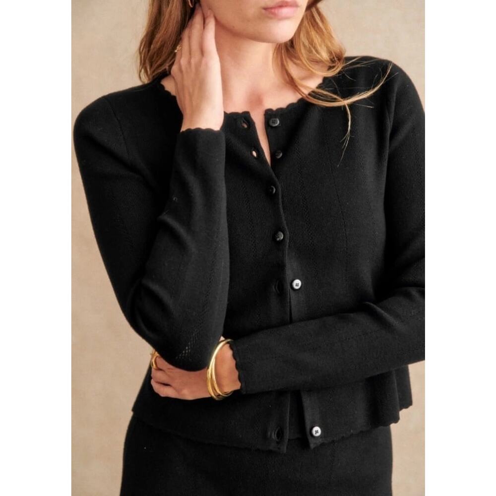 Sezane Elie Cardigan Scalloped Hem Black Medium Knit Button Front